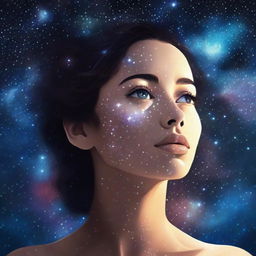 A woman with cosmic starry eyes looking up at the starry sky