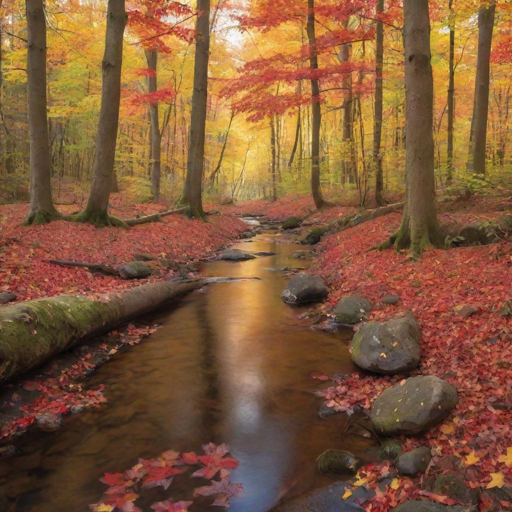 Create an inviting image of a serene, autumnal forest, with leaves in a colorful array of red, orange, and gold tones, tastefully hit by the fading, soft sunlight. A calming brook murmurs gently through the heart of the woods.