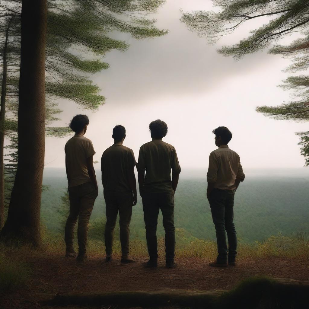 Hanna, Rodrigo, Max, and Jose Eduardo looking towards the horizon with a forest surrounding them