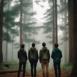 Hanna, Rodrigo, Max, and Jose Eduardo looking towards the horizon with a forest surrounding them