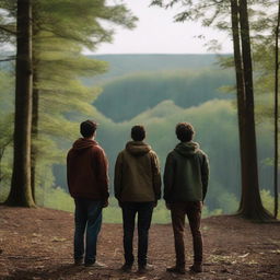 Hanna, Rodrigo, Max, and Jose Eduardo looking towards the horizon with a forest surrounding them