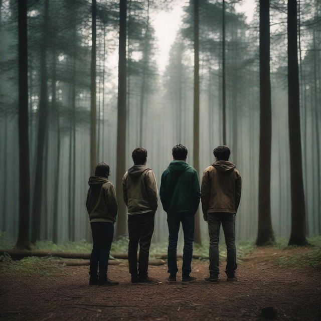 Hanna, Rodrigo, Max, and Jose Eduardo looking towards the horizon with a forest surrounding them