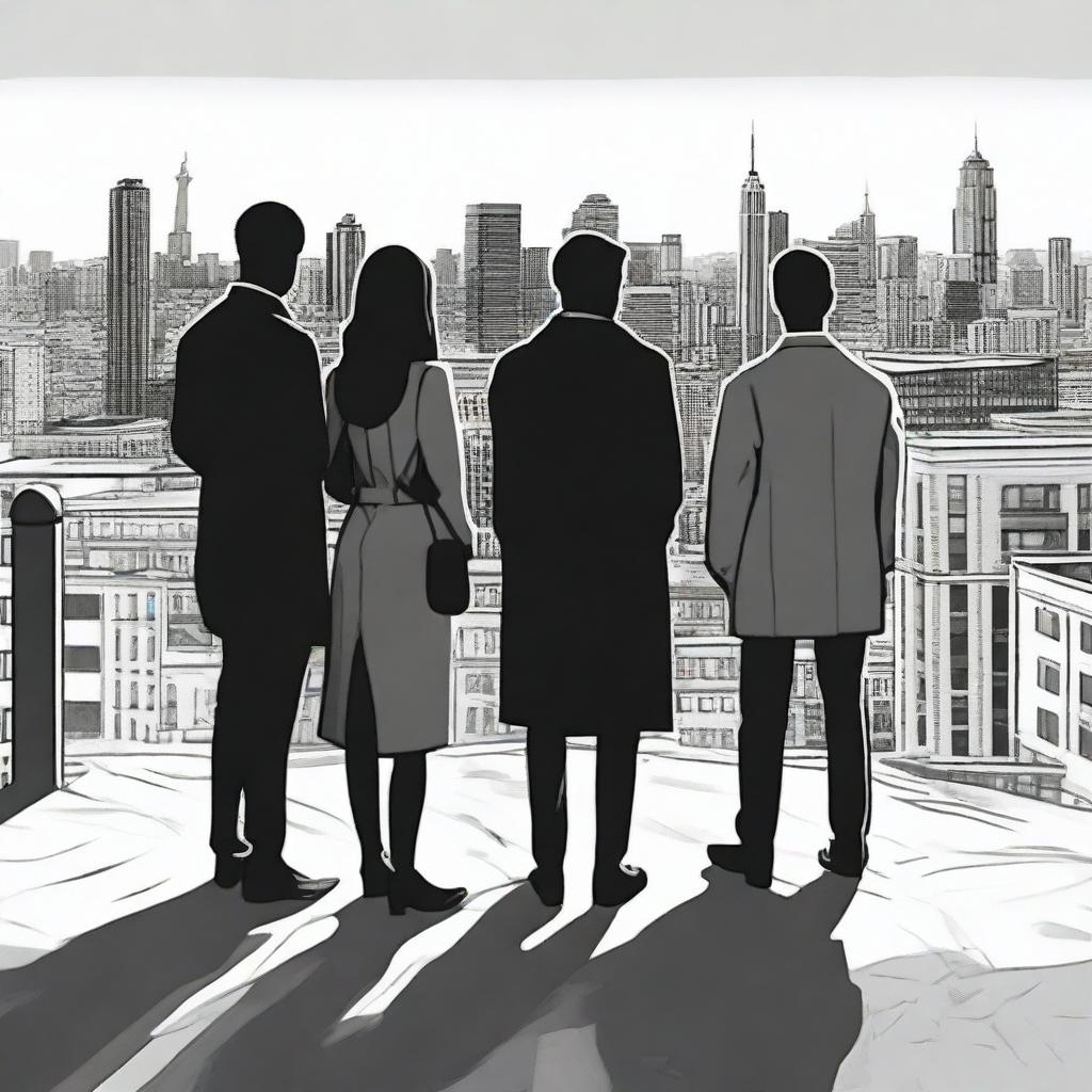 A woman and three men looking towards a city