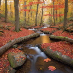 Create an inviting image of a serene, autumnal forest, with leaves in a colorful array of red, orange, and gold tones, tastefully hit by the fading, soft sunlight. A calming brook murmurs gently through the heart of the woods.