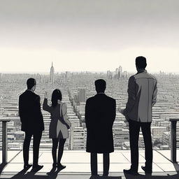 A woman and three men looking towards a city