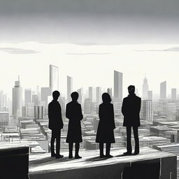 A woman and three men looking towards a city