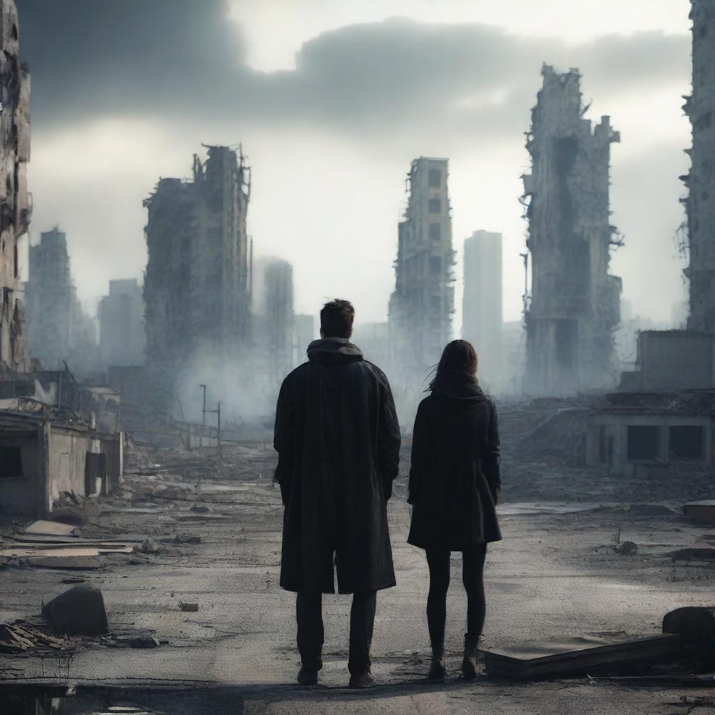 A woman and a man looking towards an apocalyptic city