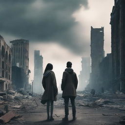 A woman and a man looking towards an apocalyptic city