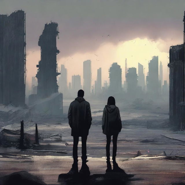 A woman and a man looking towards an apocalyptic city