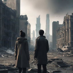 A woman and a man looking towards an apocalyptic city