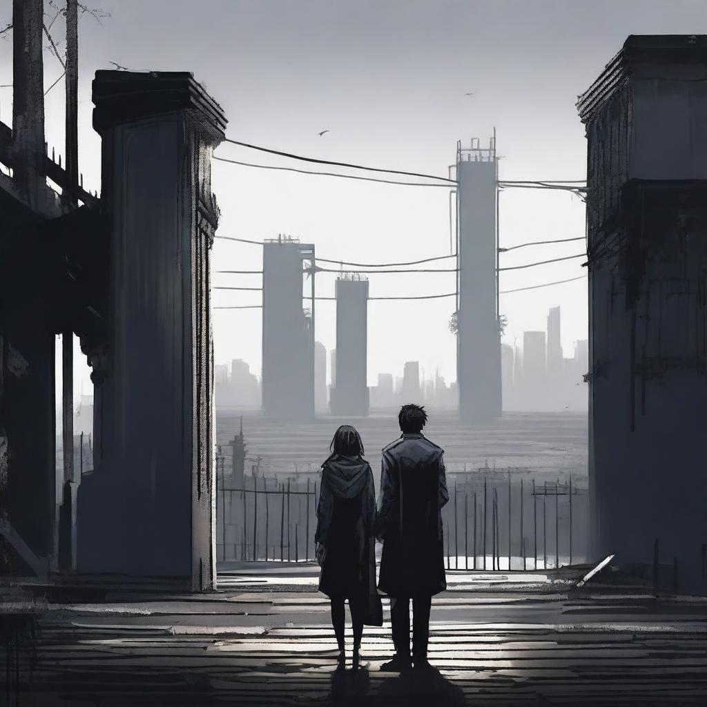 A woman and a man looking towards an apocalyptic city with high walls and a black gate