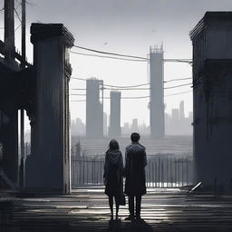 A woman and a man looking towards an apocalyptic city with high walls and a black gate