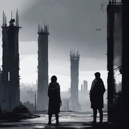 A woman and a man looking towards an apocalyptic city with high walls and a black gate