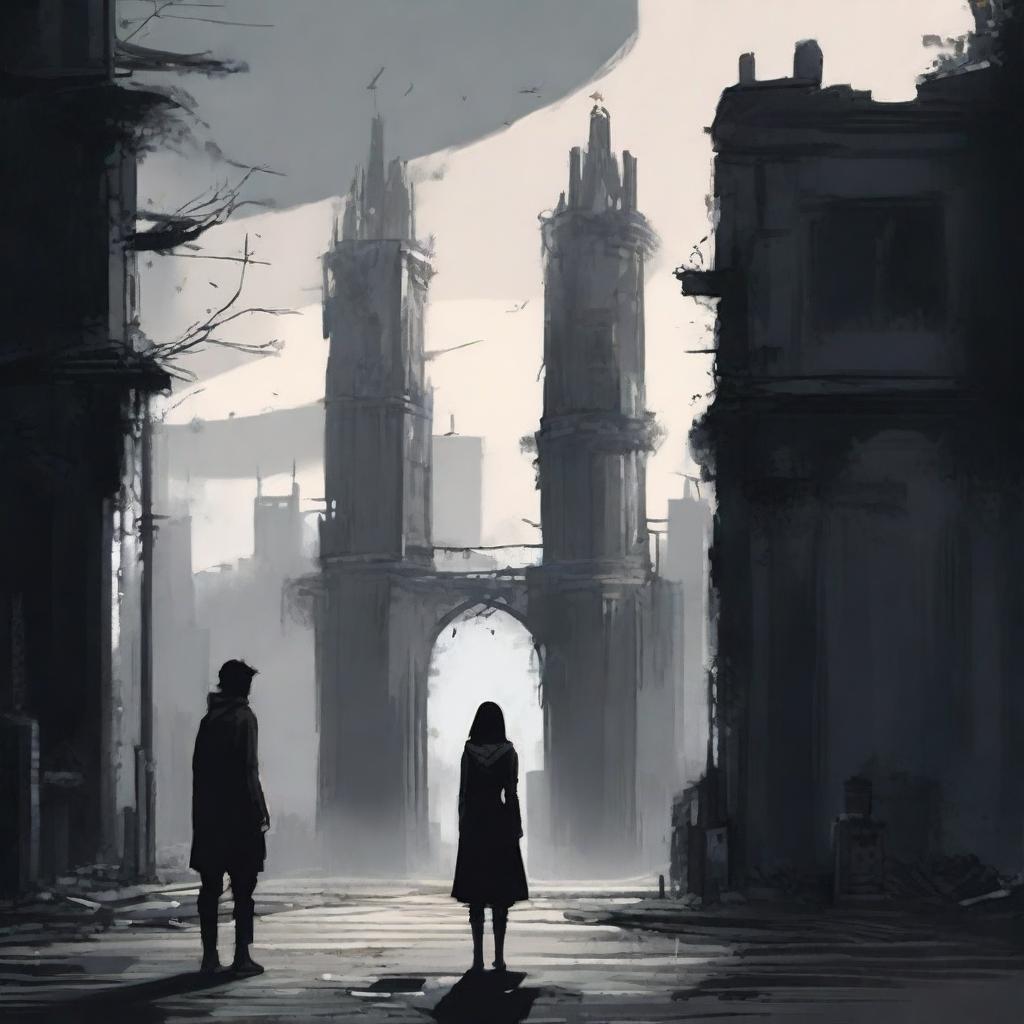 A woman and a man looking towards an apocalyptic city with high walls and a black gate