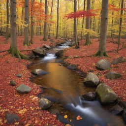 Create an inviting image of a serene, autumnal forest, with leaves in a colorful array of red, orange, and gold tones, tastefully hit by the fading, soft sunlight. A calming brook murmurs gently through the heart of the woods.