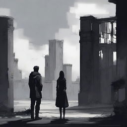 A woman and a man looking towards an apocalyptic city with high walls and a black gate