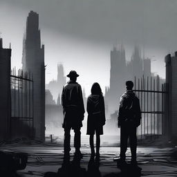 A woman and two men looking towards an apocalyptic city with high walls and a black gate