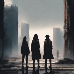 A woman and two men looking towards an apocalyptic city with high walls and a black gate