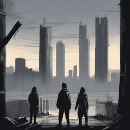 A woman and two men looking towards an apocalyptic city with high walls and a black gate