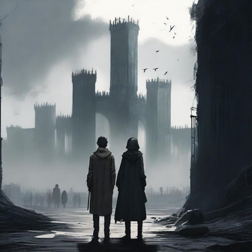 A woman and two men looking towards an apocalyptic city with high walls and a black gate