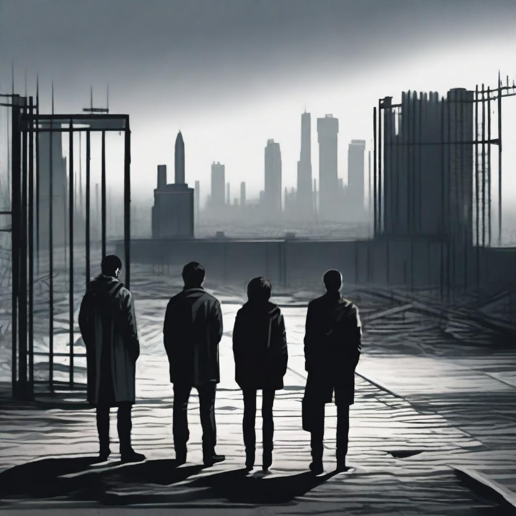 A woman and two men looking towards an apocalyptic city with high walls and a black steel gate