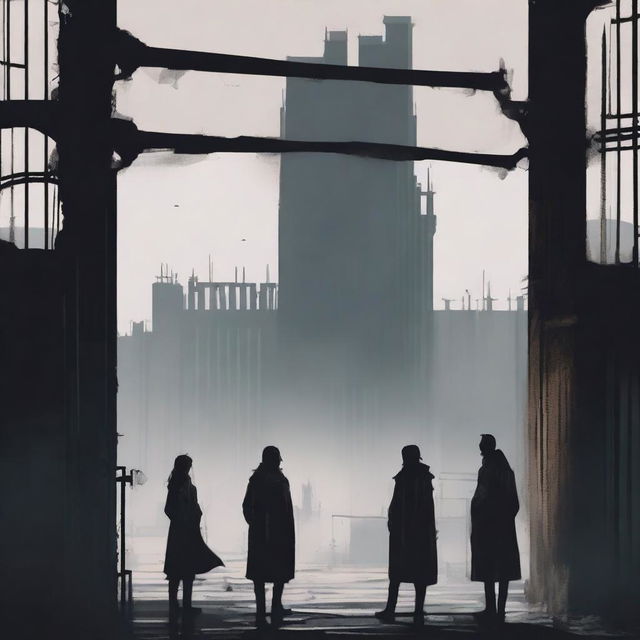 A woman and two men looking towards an apocalyptic city with high walls and a black steel gate