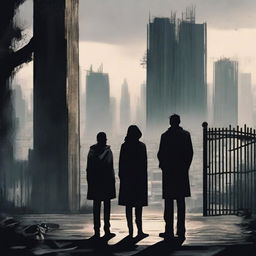 A woman and two men looking towards an apocalyptic city with high walls and a black steel gate