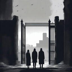 A woman and two men looking towards an apocalyptic city with high walls and a black steel gate