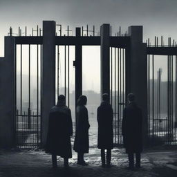 A woman and two men looking towards an apocalyptic city with high walls and a sealed black steel gate