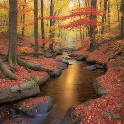 Create an inviting image of a serene, autumnal forest, with leaves in a colorful array of red, orange, and gold tones, tastefully hit by the fading, soft sunlight. A calming brook murmurs gently through the heart of the woods.