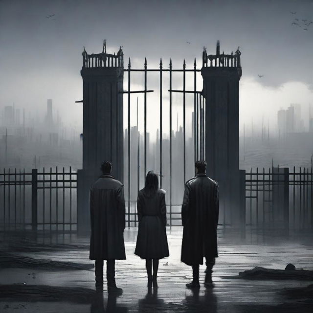 A woman and two men looking towards an apocalyptic city with high walls and a sealed black steel gate