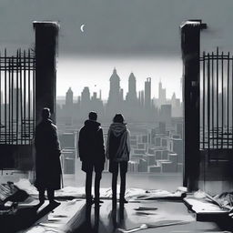 A woman and two men looking towards an apocalyptic city with high walls and a sealed black steel gate