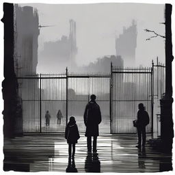 A woman and two men looking towards an apocalyptic city with high walls and a sealed black steel gate