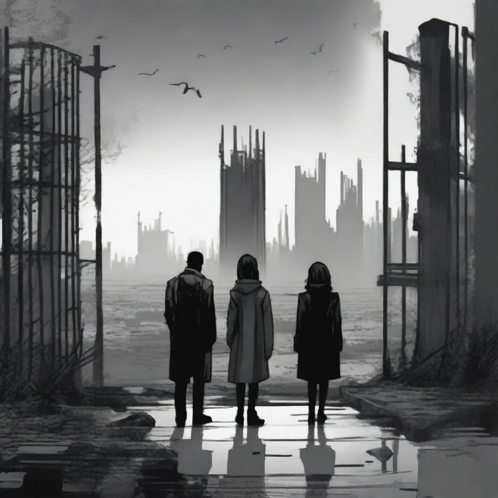 A woman and two men looking towards an apocalyptic city with high walls and a sealed black steel gate