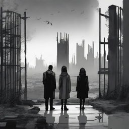 A woman and two men looking towards an apocalyptic city with high walls and a sealed black steel gate