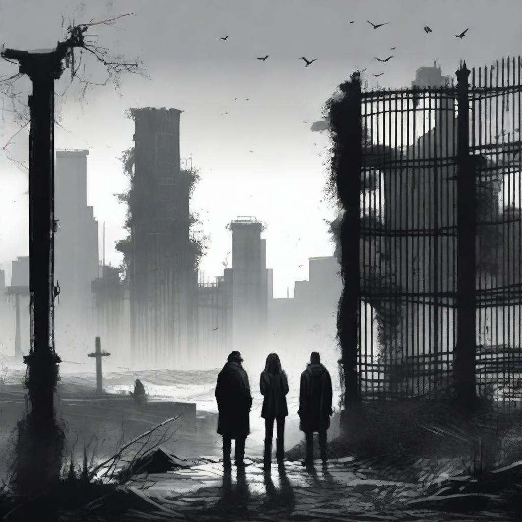 A woman and two men looking towards an apocalyptic city with high walls and a sealed black steel gate