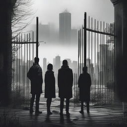 A woman and two men looking towards an apocalyptic city with high walls and a sealed black steel gate