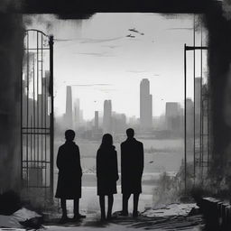 A woman and two men looking towards an apocalyptic city with high walls and a sealed black steel gate