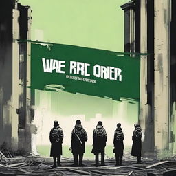 A group of people standing together with a banner that reads 'We are the new order' in a dystopian setting