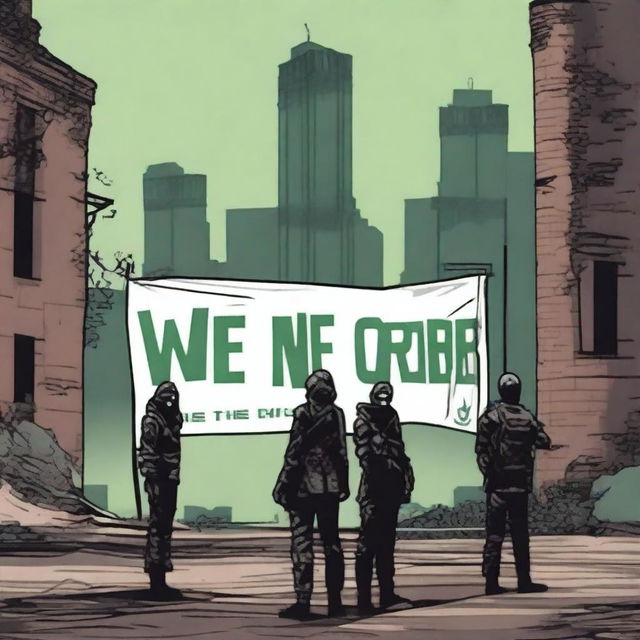 A group of people standing together with a banner that reads 'We are the new order' in a dystopian setting