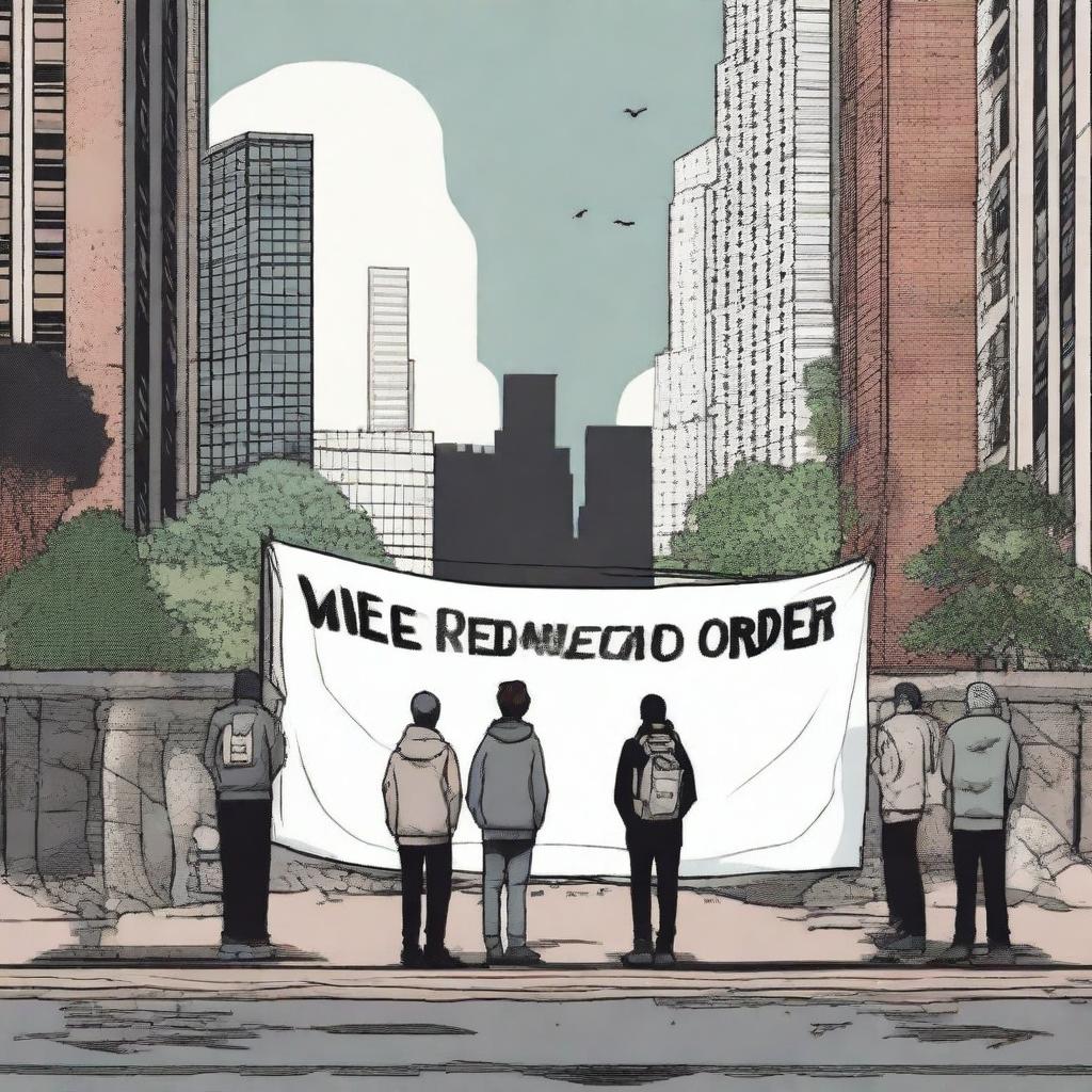 A group of people standing in front of an apocalyptic city with a banner that reads 'We are the new order