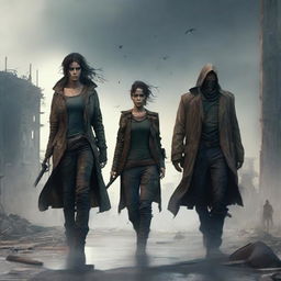 A post-apocalyptic scene featuring a strong woman and three men