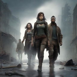 A post-apocalyptic scene featuring a strong woman and three men