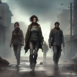 A post-apocalyptic scene featuring a strong woman and three men