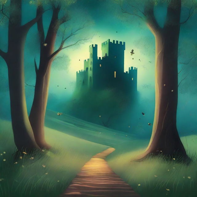 A captivating book cover featuring a mysterious forest with a winding path leading to an ancient castle in the distance