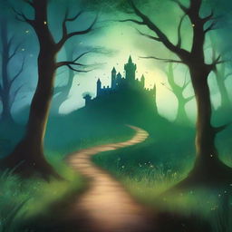 A captivating book cover featuring a mysterious forest with a winding path leading to an ancient castle in the distance