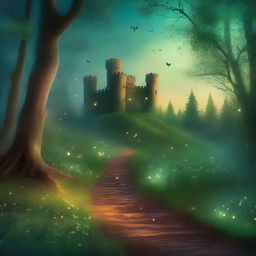 A captivating book cover featuring a mysterious forest with a winding path leading to an ancient castle in the distance