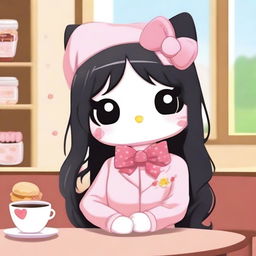 A cute Hello Kitty character with long black hair and a distinctive blonde streak in the front, holding a plushy in a cozy café setting