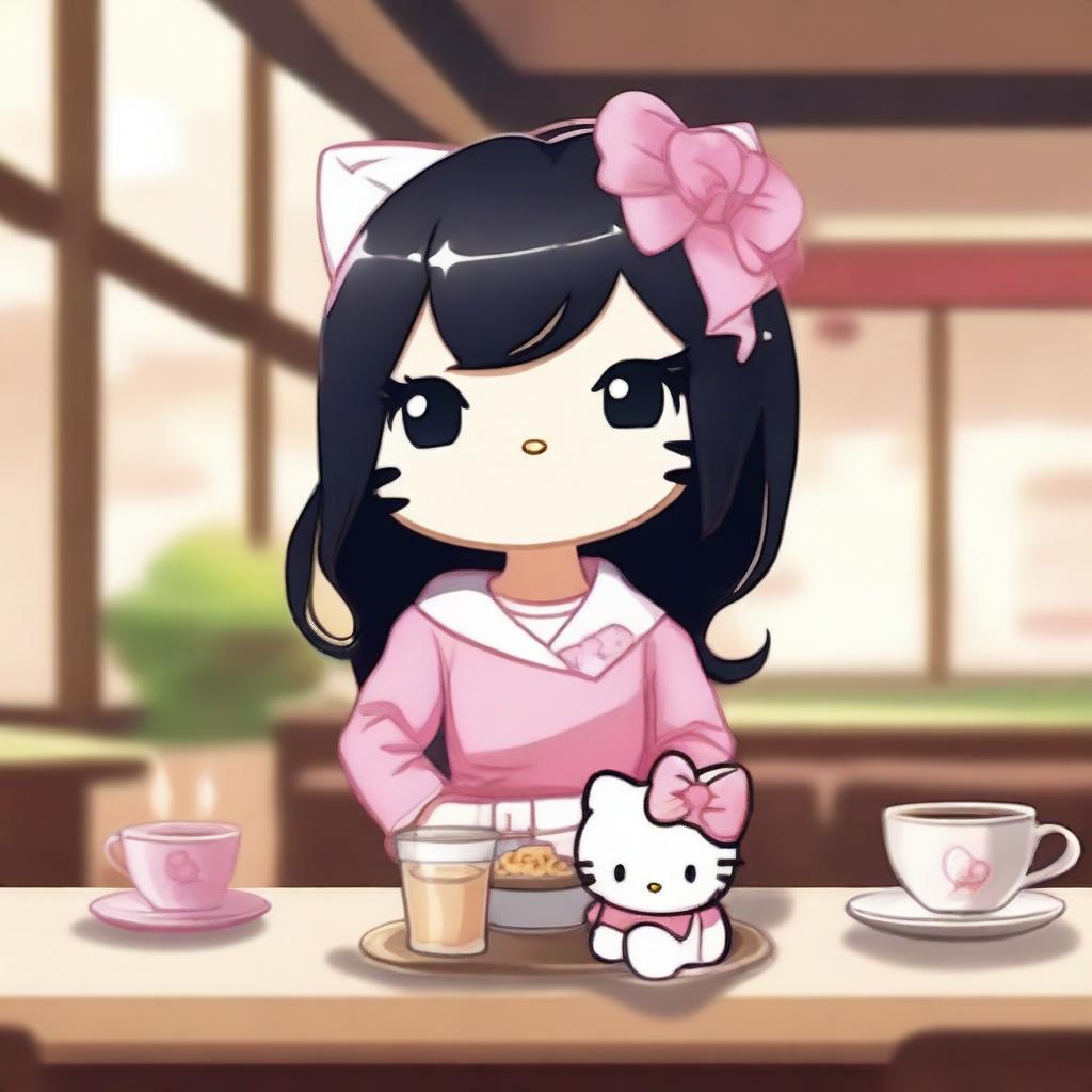 A cute Hello Kitty character with long black hair and a distinctive blonde streak in the front, holding a plushy in a cozy café setting