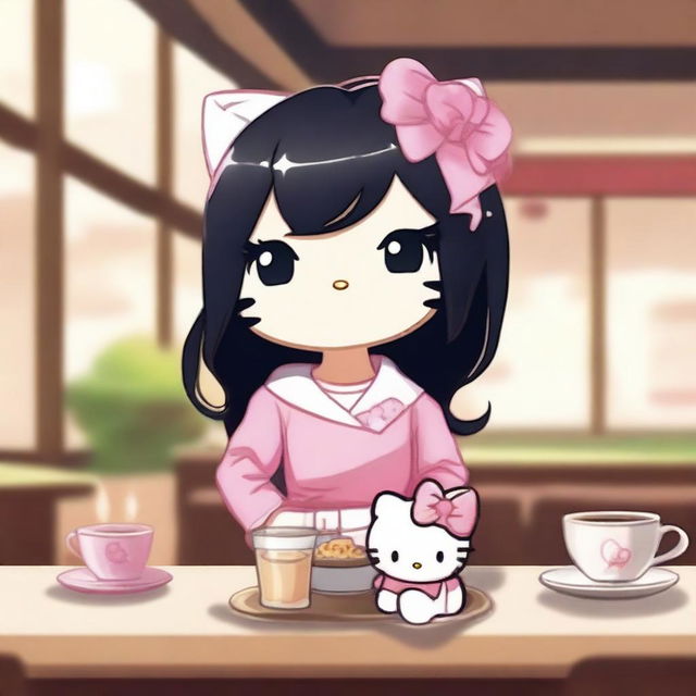A cute Hello Kitty character with long black hair and a distinctive blonde streak in the front, holding a plushy in a cozy café setting